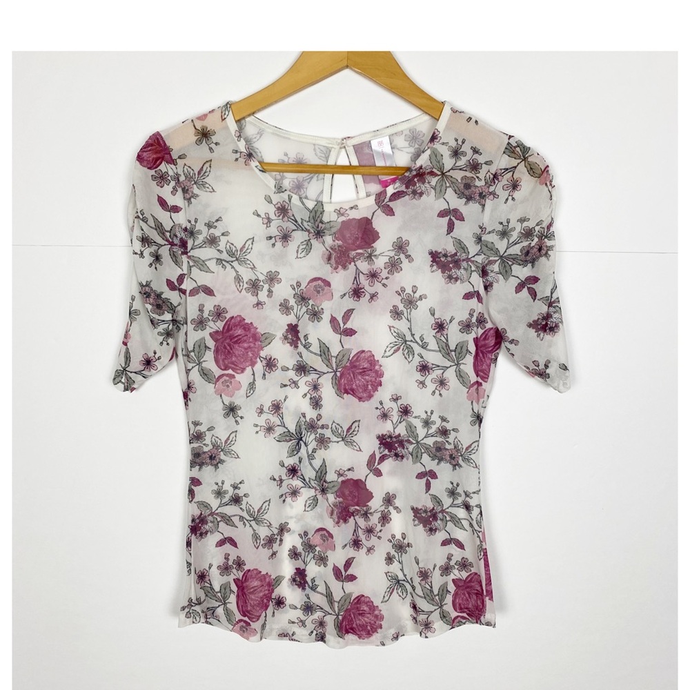 No Boundaries Floral Nylon Gathered Sleeve Top Size Medium Pink